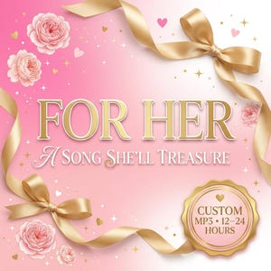 May include: Pink and gold digital design with the text "FOR HER" and "A SONG SHE'LL TREASURE". The design includes gold ribbons, pink roses, hearts, and a gold seal that says "CUSTOM MP3 12-24 HOURS".