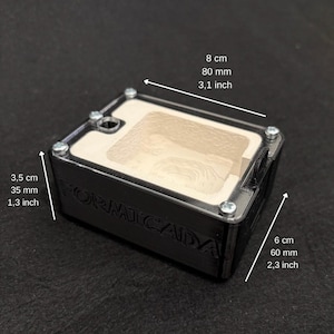 May include: A rectangular black formicarium with a clear top cover secured by four silver screws. The interior features a beige, textured, carved landscape. The side is embossed with the text FORMICADA. Dimensions are 8 cm by 6 cm by 3.5 cm.