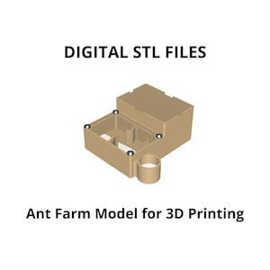 Può includere: Modello 3D beige di una fattoria di formiche, con il testo "DIGITAL STL FILES" sopra e "Ant Farm Model for 3D Printing" sotto. Il modello ha una forma rettangolare con un tubo circolare e piccoli accenti argentati.