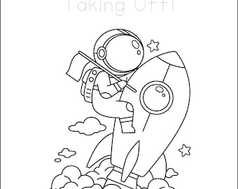 Könnte beinhalten: Schwarz-Weiß-Strichzeichnung eines Astronauten, der eine Flagge hält und auf einer Rakete steht. Der Text "Taking Off!" befindet sich über dem Astronauten und der Rakete. Sterne und Wolken sind ebenfalls im Bild.