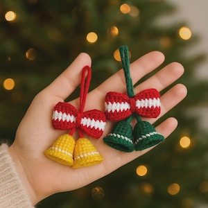 Christmas Bell Ornament Crochet Pattern PDF – Mini Bells with Bow, Amigurumi, US Terms, Instant Download