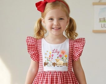 Vestido personalizado con fuegos artificiales, vestido de cuadros vichy para bebé niña, vestido personalizado con nombre, conejo y oveja, conjunto de verano para niña pequeña, vestido de cumpleaños