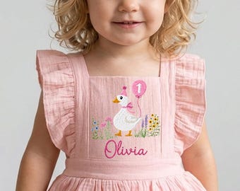 1st Birthday Girl Romper Dress, Personalized Duck Birthday Outfit, Baby Girl Romper, Pink Toddler First Birthday Outfit, Custom Name