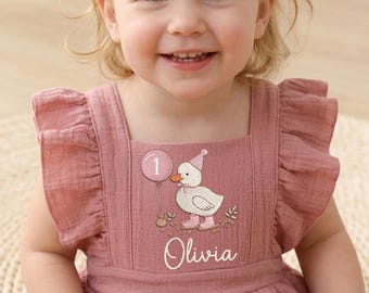 Kleinkind Ente bestickt Strampler Kleid, 1. Geburtstag Outfit, personalisierte Name Musselin Rüschen Ärmel