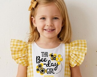 Personalized Bee Birthday Dress, Yellow Gingham Toddler Girl Outfit