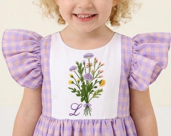 Vestido floral personalizado para bebé, vestido de cuadros lavanda, vestido con monograma para niña pequeña, conjunto bordado para niña de las flores, lindo vestido de verano
