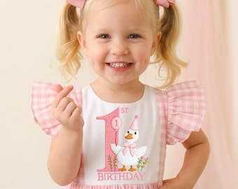 1st Birthday Girl Romper Dress, Baby Girl Birthday Outfit, Pink Gingham Romper, Duck Embroidered Dress, Toddler Party Outfit