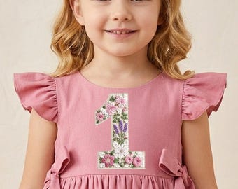 Floral Embroidered Birthday Girl Dress, Sage Green Cotton Romper Outfit