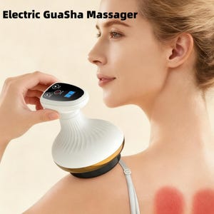 May include: A white and gold electric GuaSha massager with a digital display is held against a person's shoulder. The massager has a rounded head and a ribbed body. The text "Electric GuaSha Massager" is at the top of the image.