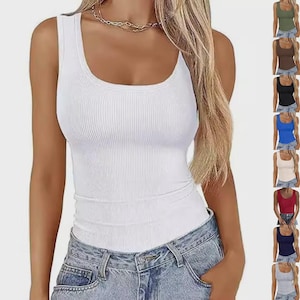 Débardeur côtelé à encolure dégagée pour femme - Coupe ajustée basique, haut sans manches à bretelles larges adapté aux soutiens-gorge, Caraco essentiel pour toute garde-robe minimaliste