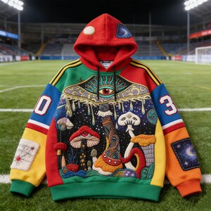 Psychedelic Mushroom Patchwork Hoodie - Oversized 3D Embroidered Streetwear - Trippy Celestial Eyes Graphic Sweatshirt - Colorful Colorblock