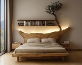 Letto in legno con struttura a mensola sospesa, letto matrimoniale - letto king size, letto a piattaforma singolo, testiera in legno, arredamento rustico per la casa, letto fatto a mano