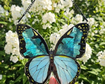 Emerald Green Butterfly Suncatcher, Handmade Stained Glass Art, Green Banded Urania Window Decor Gift