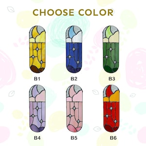 May include: An image with the text "CHOOSE COLOR" above six stained glass window panels. Each panel is a different color: yellow, blue, green, purple, pink, and red. Each panel has a unique design with a moon and star pattern.