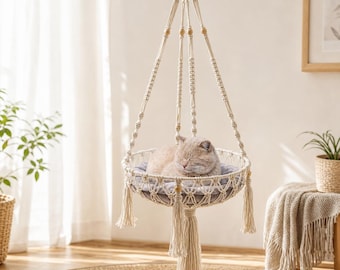Handmade Cotton Rope Cat Hammock, Hanging Cat Bed, Boho Pet Swing, Suspended Kitty Lounger, Cat Furniture