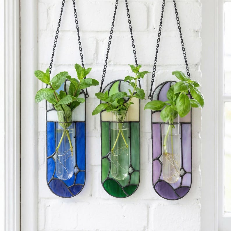Moon Star Stained Glass Wall Planter, Celestial Propagation Station, Hanging Test Tube Vase, Plant Lover Gift, Home Decor image 8
