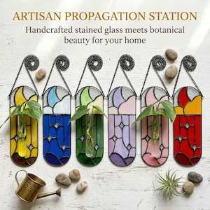 May include: Artisan propagation station with handcrafted stained glass. Six colorful hanging propagation stations with chain hangers. Each station features a different color scheme, including yellow, blue, green, purple, pink, and red, with a clear glass tube for plants.