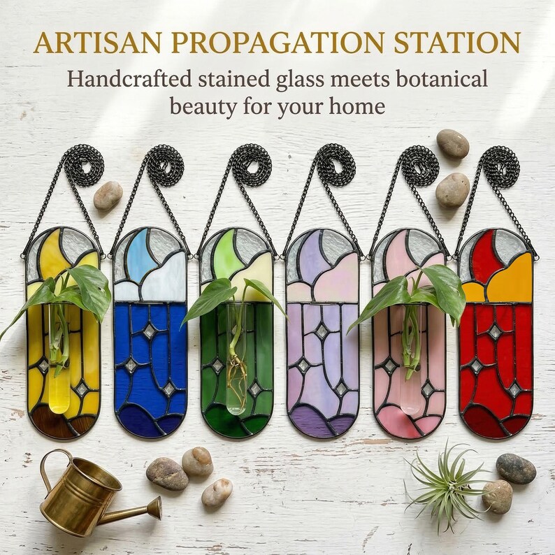 May include: Artisan propagation station with handcrafted stained glass. Six colorful hanging propagation stations with chain hangers. Each station features a different color scheme, including yellow, blue, green, purple, pink, and red, with a clear glass tube for plants.