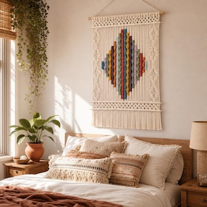 May include: A rectangular macrame wall hanging featuring a central diamond pattern composed of vertical, multi-coloured twisted cord segments in shades of blue, orange, yellow, green, and red, framed by intricate off-white knotted rope designs.