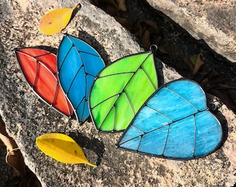 Stained Glass Leaf Suncatcher, Handmade Glass Ornament, Christmas Gift for Mom Friend, Colorful Window Hanging, Nature Home Decor