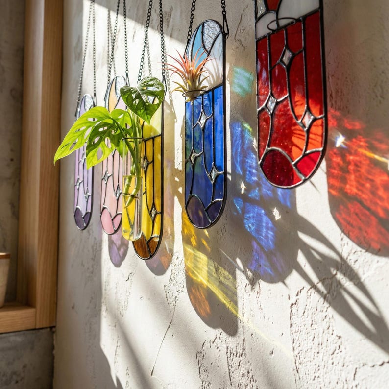 Moon Star Stained Glass Wall Planter, Celestial Propagation Station, Hanging Test Tube Vase, Plant Lover Gift, Home Decor image 6