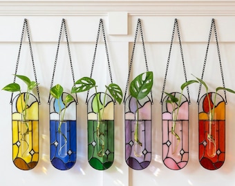 Moon Star Stained Glass Propagation Station, Hanging Wall Planter, Celestial Test Tube Vase, Plant Cutting Holder, Plant Lover Gift