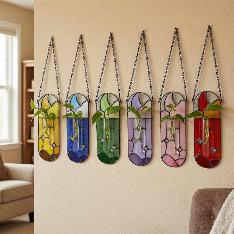 Puede incluir: Seis jardineras colgantes de vidrieras en fila, cada una con un esquema de color diferente: amarillo, azul, verde, morado, rosa y rojo. Cada jardinera tiene un tubo de vidrio para plantas y est&aacute; suspendida por una cadena.