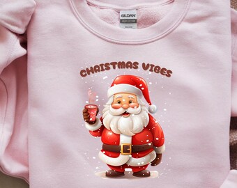 Christmas Vibes PNG, Santa Claus with Hot Cocoa, Christmas Sublimation Design