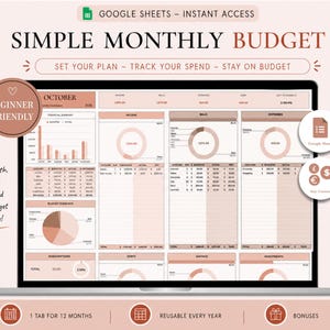 Peut inclure: Un écran d'ordinateur portable affichant un modèle de budget mensuel simple dans Google Sheets. Le modèle est en tons pêche et blanc, avec des sections pour les revenus, les factures, les dépenses et les investissements. Le texte comprend "Beginner Friendly".