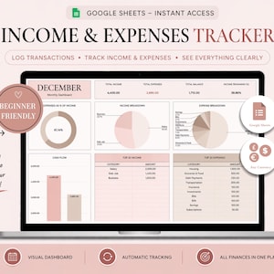 May include: A laptop screen displays an income and expenses tracker with charts and tables. The text reads "Income & Expenses Tracker" and "Beginner Friendly." The interface includes a visual dashboard, automatic tracking, and all finances in one place.
