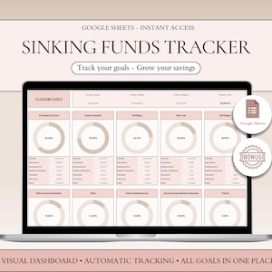 Puede incluir: Una pantalla de portátil muestra una hoja de cálculo "Sinking Funds Tracker" en Google Sheets. El panel muestra objetivos financieros con indicadores de progreso. El texto incluye "Track your goals - Grow your savings" y "Visual Dashboard - Automatic Tracking - All Goals in One Place."