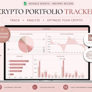 May include: A laptop screen shows a crypto portfolio tracker with charts and graphs. The text reads "CRYPTO PORTFOLIO TRACKER" and "Track, Analyse, Optimise Your Crypto." Features include automated tracking and live price updates. A "Beginner Friendly" badge is visible.