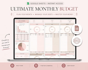 Ultimative monatliche Budget Tabelle Google Sheets, Pinke Vorlage,Schulden & Ausgaben Tracker, Rechnungskalender