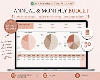 Monthly and Yearly Budget Planner Google Sheets, Annual Spreadsheet, Financial Tracker, Savings