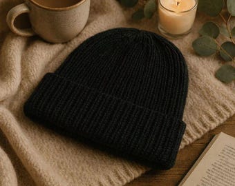 Handmade black Merino wool beanie