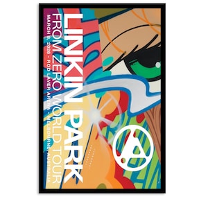 Puede incluir: Un póster enmarcado con un diseño abstracto colorido y el texto "LINKIN PARK FROM ZERO WORLD TOUR MARCH 8, 2026 ROD LAVER ARENA - MELBOURNE, AUSTRALIA". La obra presenta un ojo, un logotipo blanco y varios colores.