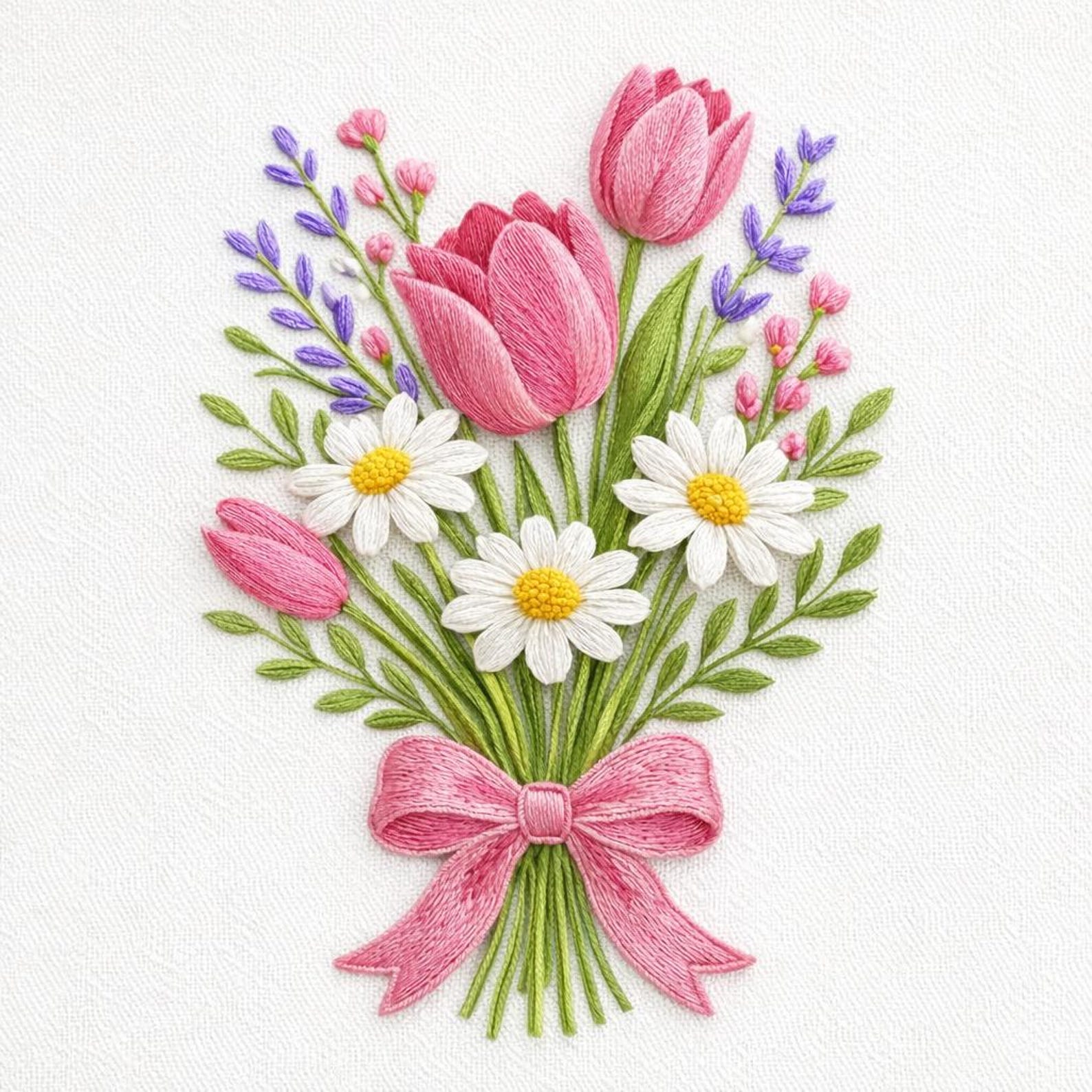 Tulip Daisy Bouquet Embroidery Design Floral Spring Botanical Ribbon ...