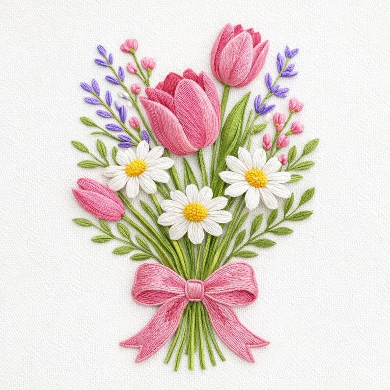 Tulip Daisy Bouquet Embroidery Design Floral Spring Botanical Ribbon ...