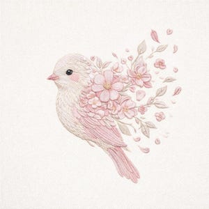 May include: Embroidered image of a bird with pink and white feathers, adorned with pink flowers and leaves. The bird is set against a white background, creating a delicate and artistic design. The floral elements appear to be gently dispersing.