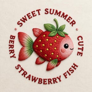 Puede incluir: Diseño bordado de un pez con forma de fresa con una cara sonriente, cuerpo rojo y aletas y hojas verdes. El texto "Sweet Summer Berry Cute Strawberry Fish" está bordado alrededor del pez en un círculo.