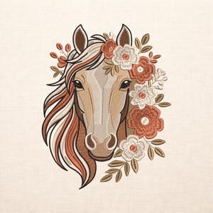 Horse Floral Embroidery Design File Boho Western Animal Botanical Mane Rustic Machine Pattern Instant Download