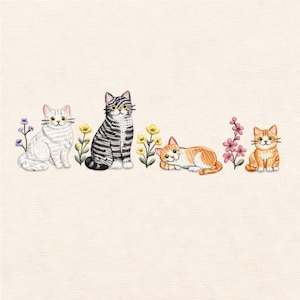 May include: Embroidered design featuring four cats in various poses, with floral accents. The cats include a white cat, a gray and black striped cat, a ginger cat, and an orange tabby cat. The design is set against a cream-colored background.