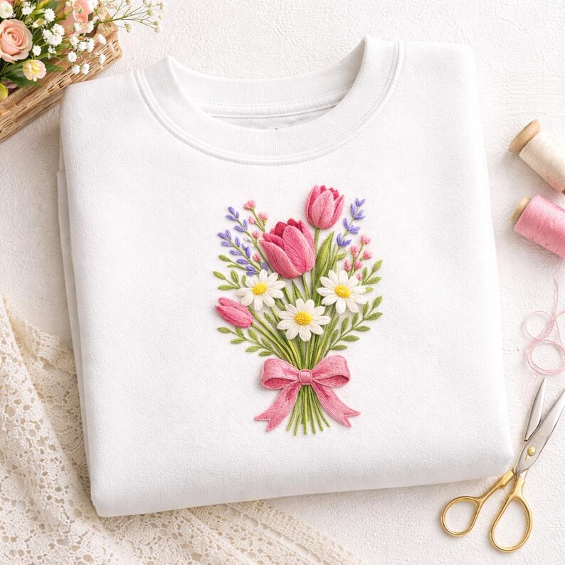 Tulip Daisy Bouquet Embroidery Design Floral Spring Botanical Ribbon ...