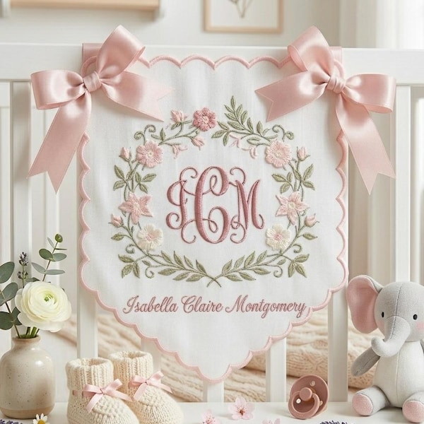 Personalized Baby Name Embroidered Banner, Custom Monogram Nursery Banner, Baby Shower Gift, Gender Reveal Crib Decor