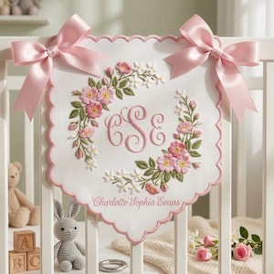 Personalized Baby Name Banner, Custom Monogram Nursery Banner, Baby Shower Gift, Embroidered Crib Banner Girl