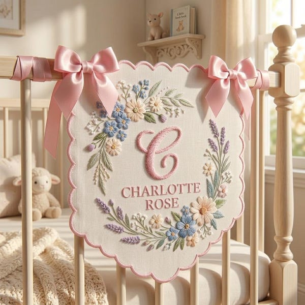 Personalized Embroidered Baby Name Banner, Floral Nursery Keepsake, Vintage Crib Decor, Hospital Door Sign
