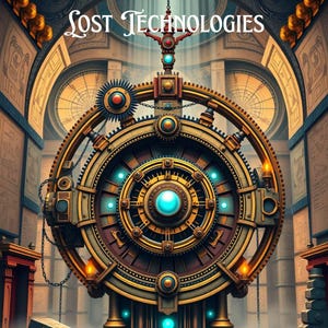 May include: A steampunk-style coloring book cover with the text "LOST TECHNOLOGIES" at the top and "COLORING BOOK" at the bottom. The central image is a large, ornate mechanical device with gears, chains, and glowing blue accents.