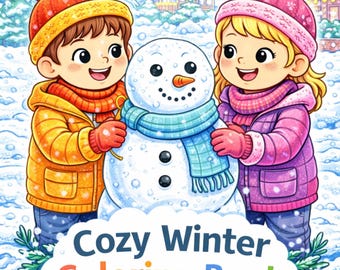 May include: A colorful illustration of two children building a snowman in a snowy winter scene. The snowman has a blue scarf and black button eyes. The image includes the text "Cozy Winter Coloring Book for Kids".