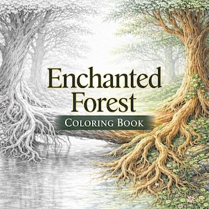 May include: The cover of an "Enchanted Forest" colouring book displays a detailed forest illustration. The artwork features a large tree with visible roots, a body of water, and the book's title in a decorative font. The image is split, with one side in grayscale and the other in colour.
