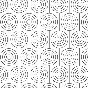 May include: Black and white geometric pattern featuring concentric circles connected by vertical lines. The design is repeated across the image, creating a symmetrical and visually engaging composition. The pattern is suitable for various applications.